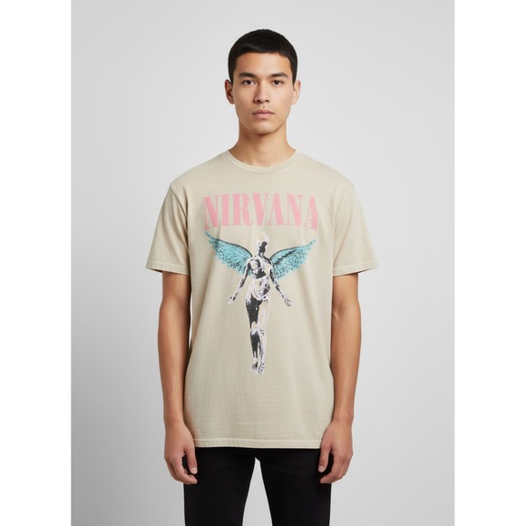 Nirvana T-shirt Size S Beige Band Tee Vintage Style Graphic Cotton Music Grunge - Picture 1 of 8
